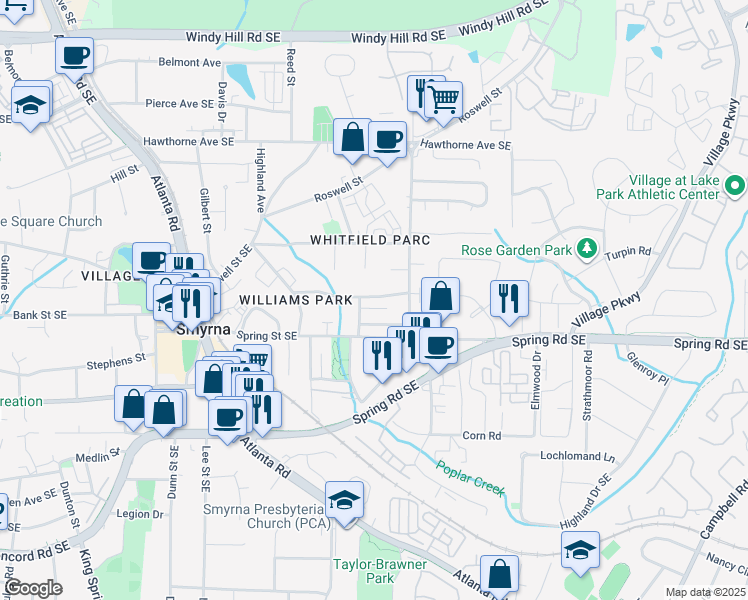 map of restaurants, bars, coffee shops, grocery stores, and more near 1586 Walker Street in Smyrna