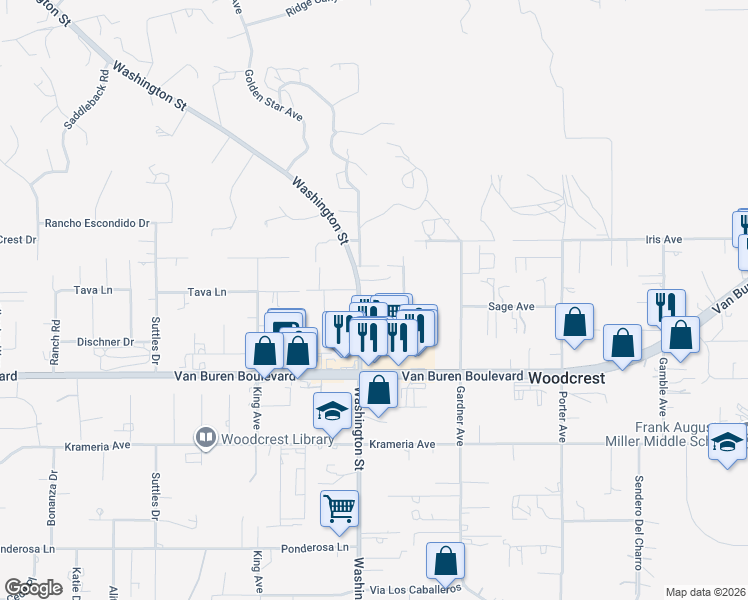 map of restaurants, bars, coffee shops, grocery stores, and more near 16140 Washington Street in Riverside