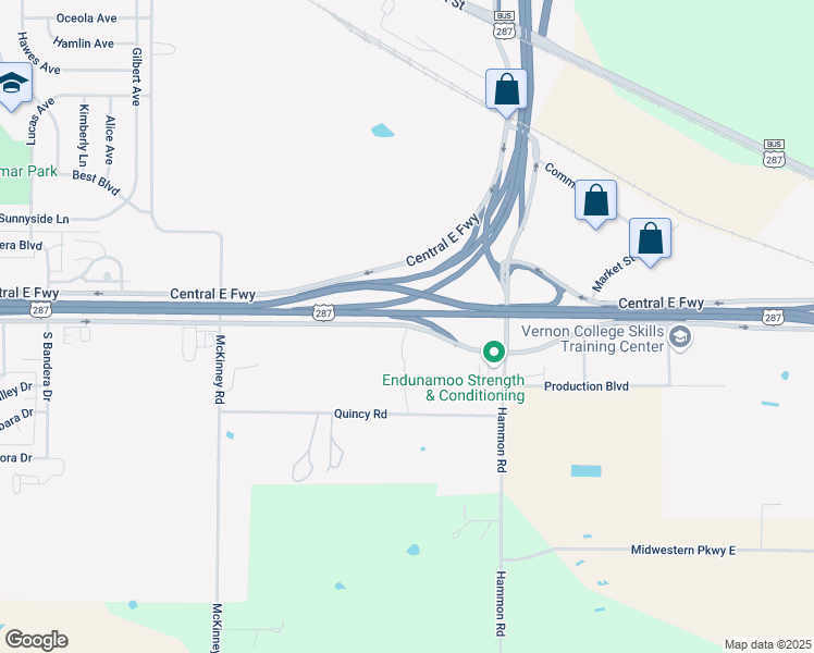 map of restaurants, bars, coffee shops, grocery stores, and more near 2507 Central East Freeway in Wichita Falls