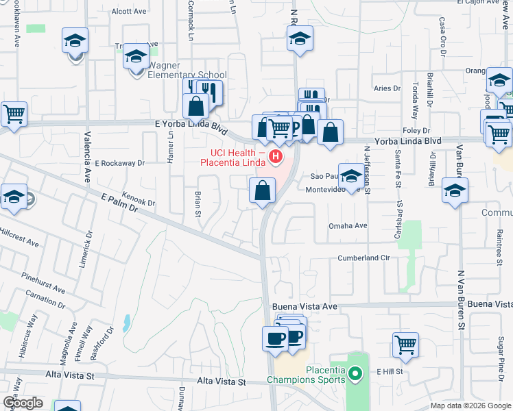 map of restaurants, bars, coffee shops, grocery stores, and more near 1249 Moro Circle in Placentia