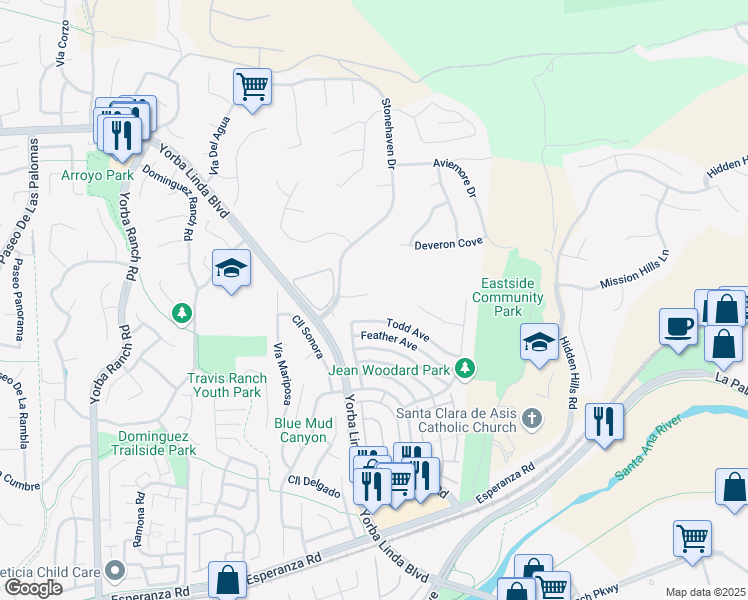 map of restaurants, bars, coffee shops, grocery stores, and more near 21750 Allonby Circle in Yorba Linda
