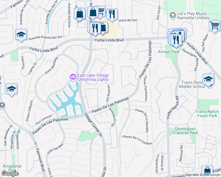 map of restaurants, bars, coffee shops, grocery stores, and more near 20515 Vía Belleza in Yorba Linda