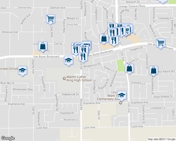 map of restaurants, bars, coffee shops, grocery stores, and more near 19068 Clover Court in Riverside