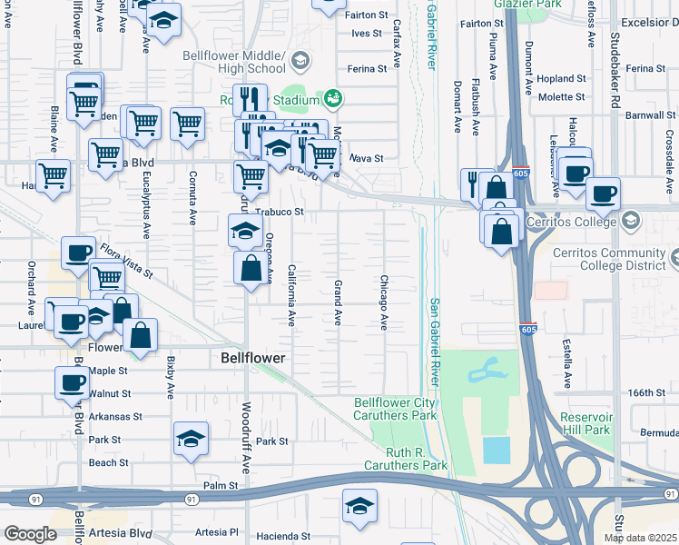 map of restaurants, bars, coffee shops, grocery stores, and more near 16406 Grand Avenue in Bellflower