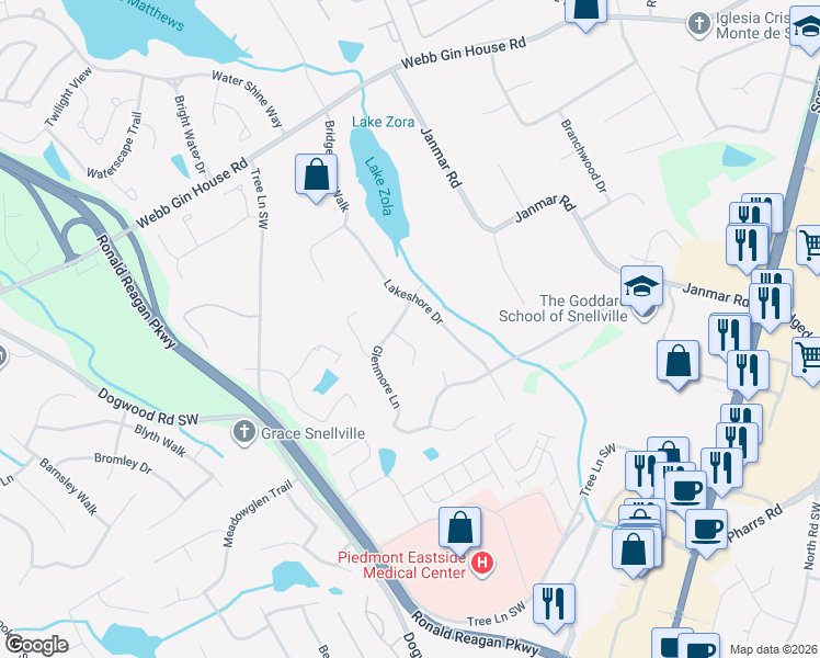 map of restaurants, bars, coffee shops, grocery stores, and more near 2164 Glenmore Lane in Snellville