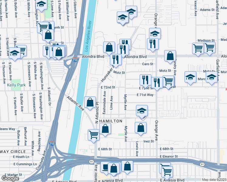 map of restaurants, bars, coffee shops, grocery stores, and more near 7176 Lime Avenue in Long Beach