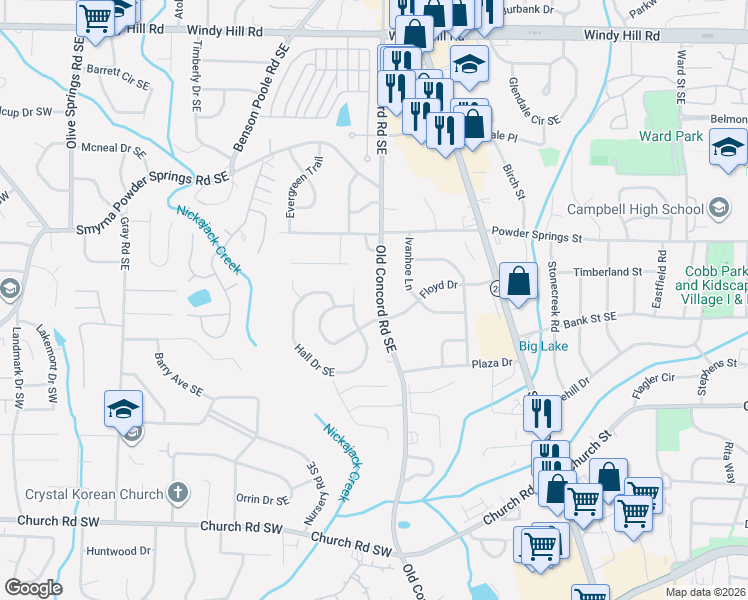 map of restaurants, bars, coffee shops, grocery stores, and more near 2815 Old Concord Road Southeast in Smyrna