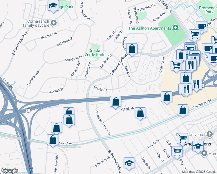 map of restaurants, bars, coffee shops, grocery stores, and more near 405 Arthur Circle in Corona