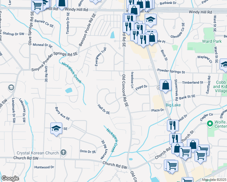 map of restaurants, bars, coffee shops, grocery stores, and more near 2804 Hall Drive Southeast in Smyrna