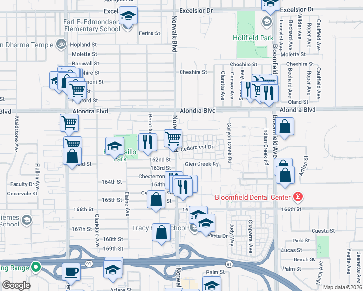map of restaurants, bars, coffee shops, grocery stores, and more near 16044 Timberhill Lane in Cerritos