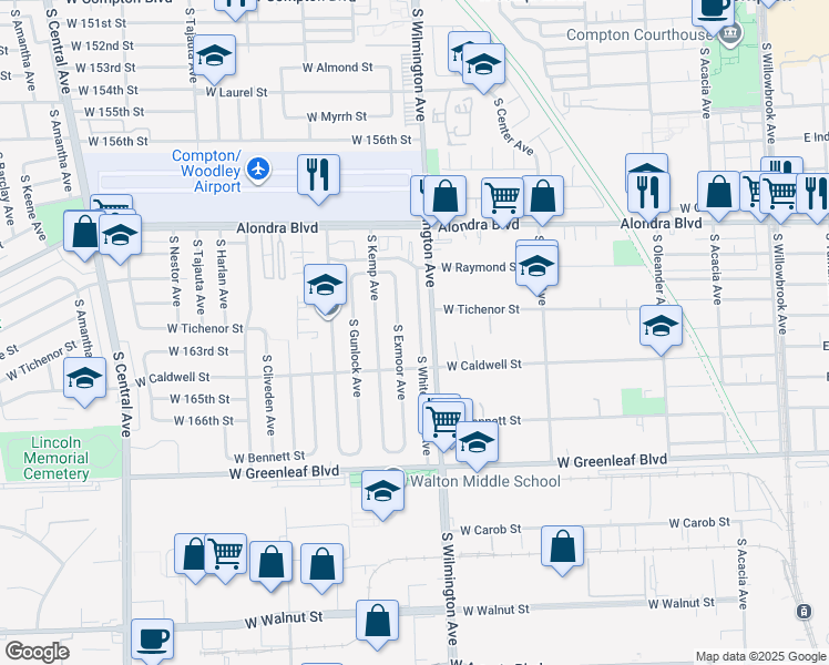 map of restaurants, bars, coffee shops, grocery stores, and more near 1123 South Whitemarsh Avenue in Compton
