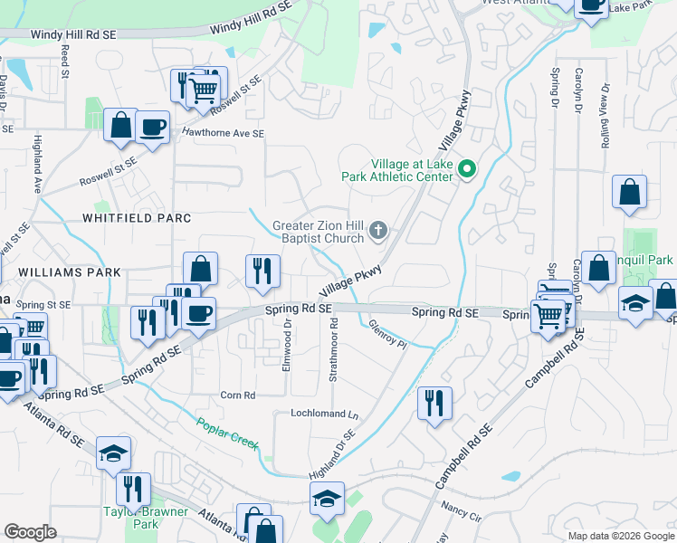 map of restaurants, bars, coffee shops, grocery stores, and more near 1931 Shenandoah Valley Lane in Smyrna