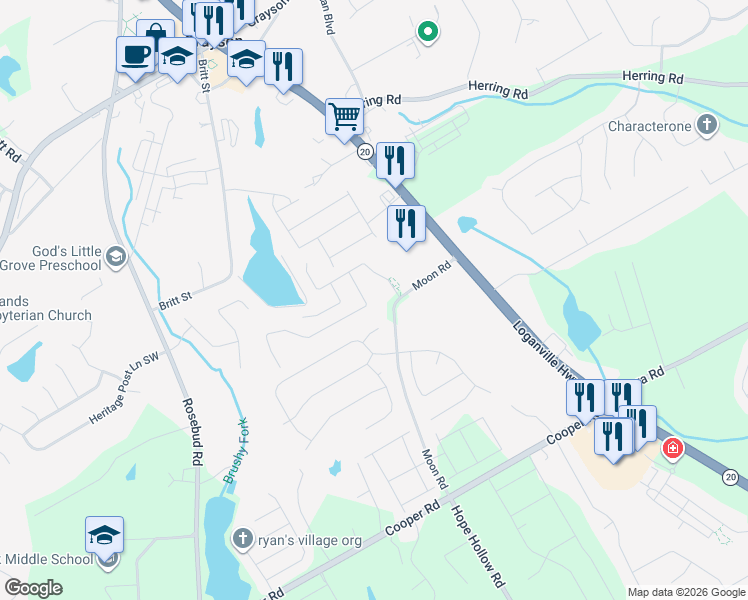 map of restaurants, bars, coffee shops, grocery stores, and more near 2480 Tyler Bay Lane in Grayson