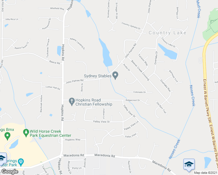 map of restaurants, bars, coffee shops, grocery stores, and more near 2737 John Petree Road in Powder Springs