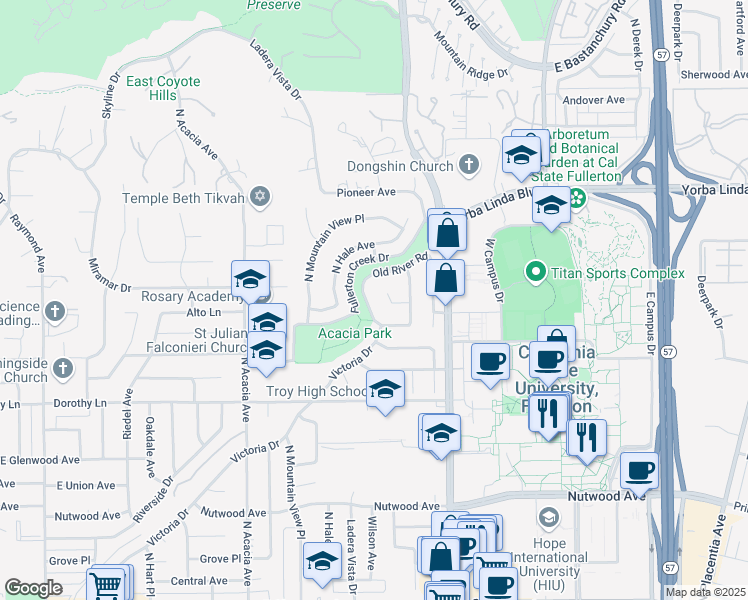 map of restaurants, bars, coffee shops, grocery stores, and more near 1426 Old River Road in Fullerton