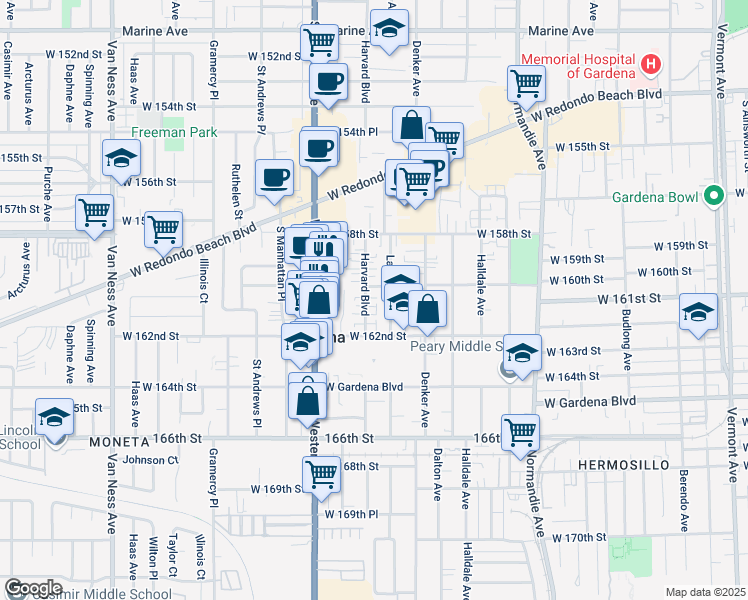 map of restaurants, bars, coffee shops, grocery stores, and more near 16016 Harvard Boulevard in Gardena