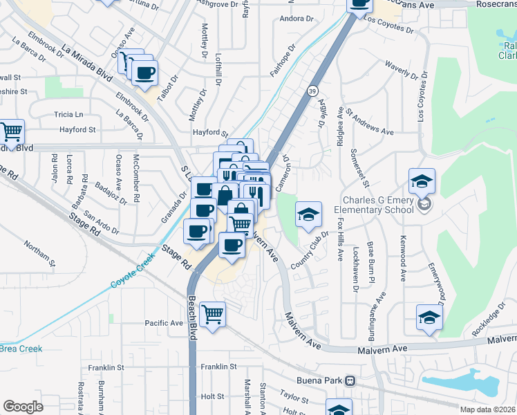 map of restaurants, bars, coffee shops, grocery stores, and more near 5240 Beach Boulevard in Buena Park