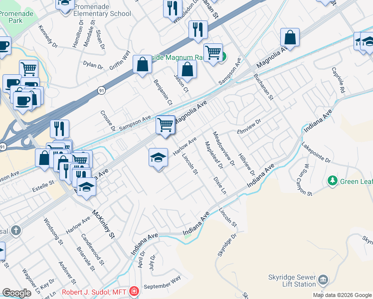 map of restaurants, bars, coffee shops, grocery stores, and more near 12680 Harlow Avenue in Riverside