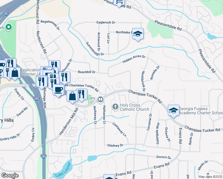 map of restaurants, bars, coffee shops, grocery stores, and more near 3630 Henley Park Court in Atlanta