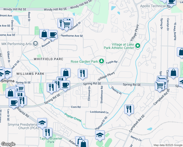 map of restaurants, bars, coffee shops, grocery stores, and more near 1860 Shenandoah Valley Lane Southeast in Smyrna