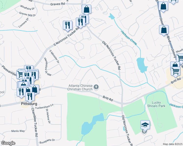 map of restaurants, bars, coffee shops, grocery stores, and more near 1068 Pointer Ridge in Tucker