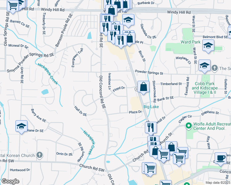 map of restaurants, bars, coffee shops, grocery stores, and more near 2819 Ivanhoe Lane in Smyrna