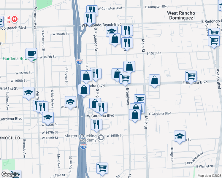 map of restaurants, bars, coffee shops, grocery stores, and more near 400 West Alondra Boulevard in Gardena