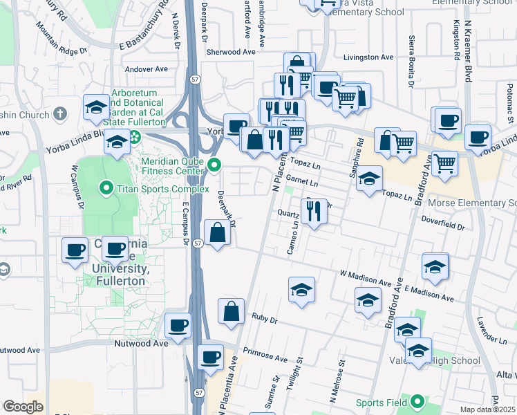 map of restaurants, bars, coffee shops, grocery stores, and more near 1461 North Placentia Avenue in Fullerton