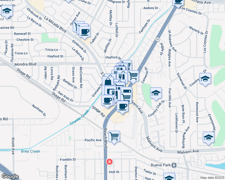 map of restaurants, bars, coffee shops, grocery stores, and more near 5301 Beach Boulevard in Buena Park