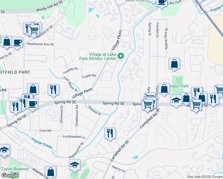 map of restaurants, bars, coffee shops, grocery stores, and more near 2070 Dundee Drive Southeast in Smyrna