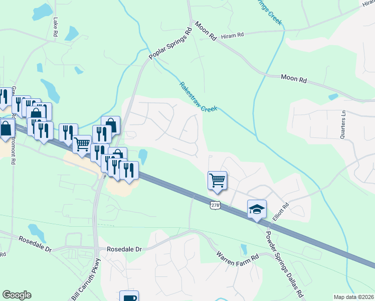 map of restaurants, bars, coffee shops, grocery stores, and more near 126 Saddle Horse Lane in Hiram