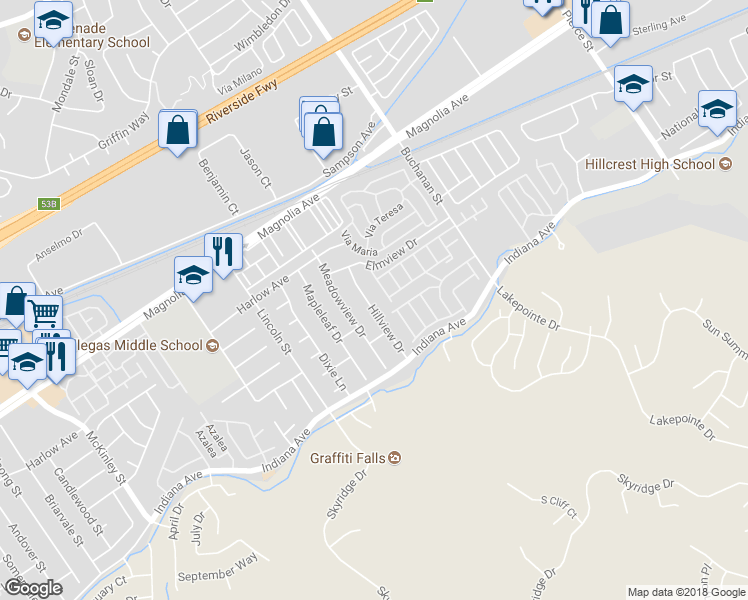 map of restaurants, bars, coffee shops, grocery stores, and more near 3565 Hillview Drive in Riverside