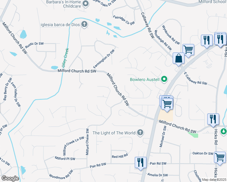 map of restaurants, bars, coffee shops, grocery stores, and more near 3067 Milford Chase Southwest in Marietta