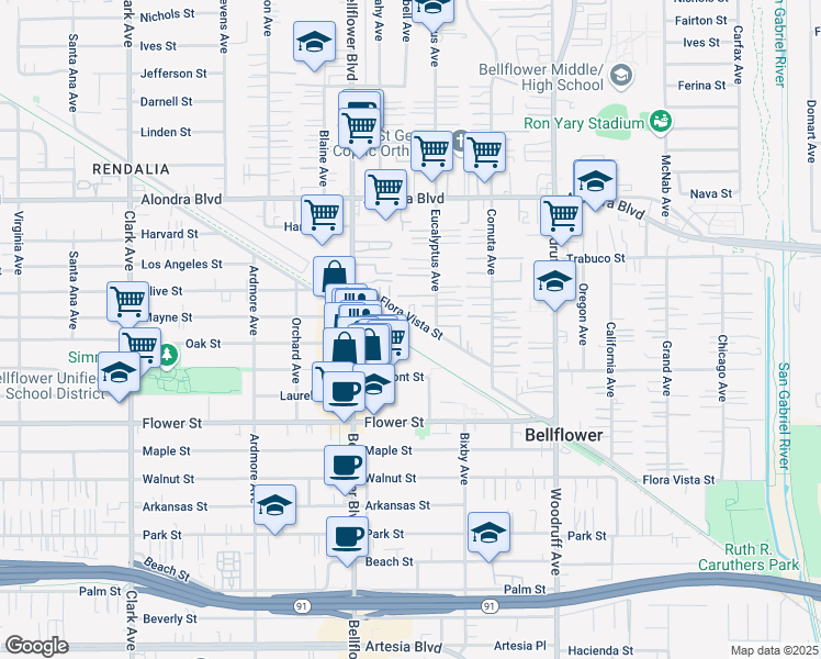 map of restaurants, bars, coffee shops, grocery stores, and more near 9924 Flora Vista Street in Bellflower