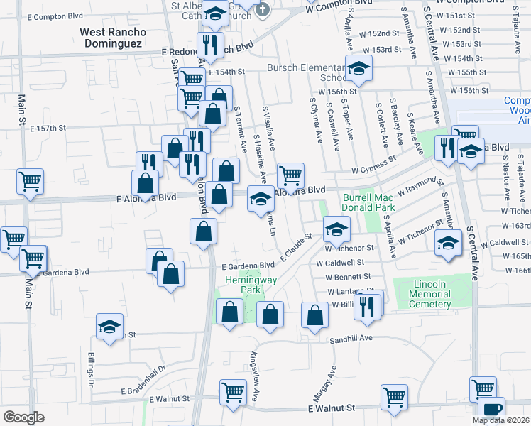 map of restaurants, bars, coffee shops, grocery stores, and more near 16135 Haskins Lane in Carson