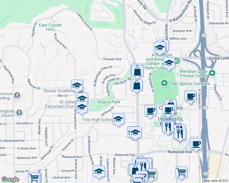 map of restaurants, bars, coffee shops, grocery stores, and more near 1426 Old River Road in Fullerton