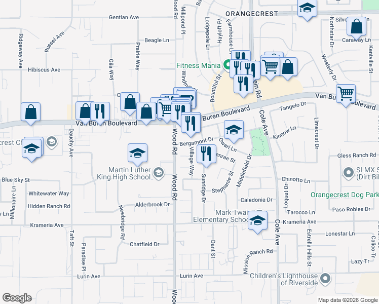 map of restaurants, bars, coffee shops, grocery stores, and more near 19068 Clover Court in Riverside