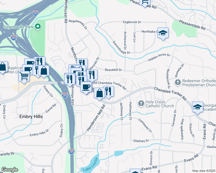 map of restaurants, bars, coffee shops, grocery stores, and more near 3541 Old Chamblee Tucker Road in Doraville