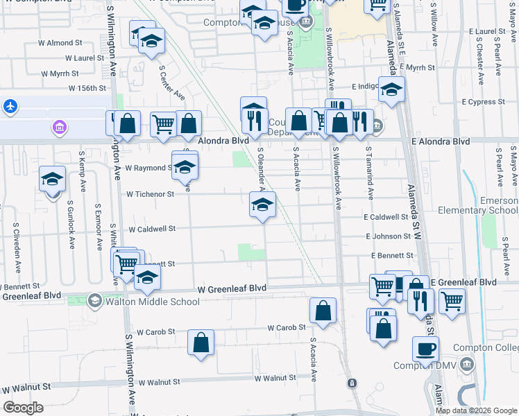map of restaurants, bars, coffee shops, grocery stores, and more near 1201 South Oleander Avenue in Compton