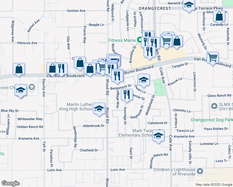 map of restaurants, bars, coffee shops, grocery stores, and more near 19068 Clover Court in Riverside