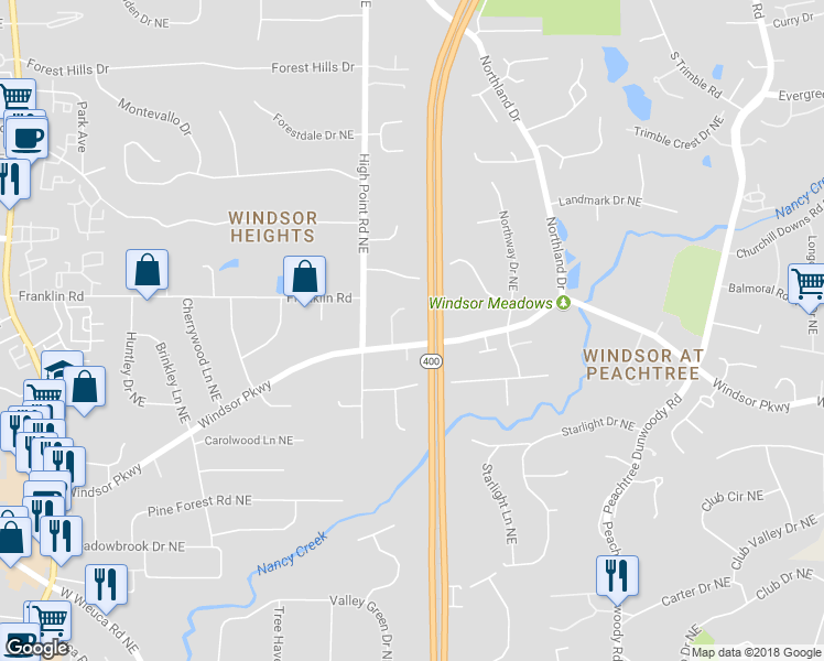 map of restaurants, bars, coffee shops, grocery stores, and more near 650 Windsor Parkway in Atlanta