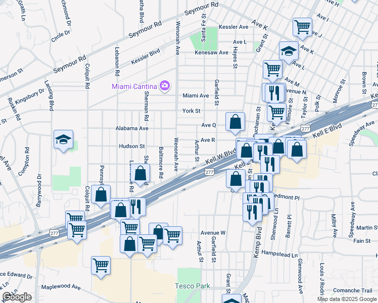 map of restaurants, bars, coffee shops, grocery stores, and more near 3206 Avenue South in Wichita Falls