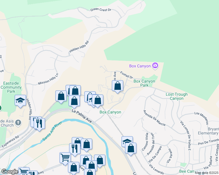map of restaurants, bars, coffee shops, grocery stores, and more near 11 Box Canyon Drive in Yorba Linda
