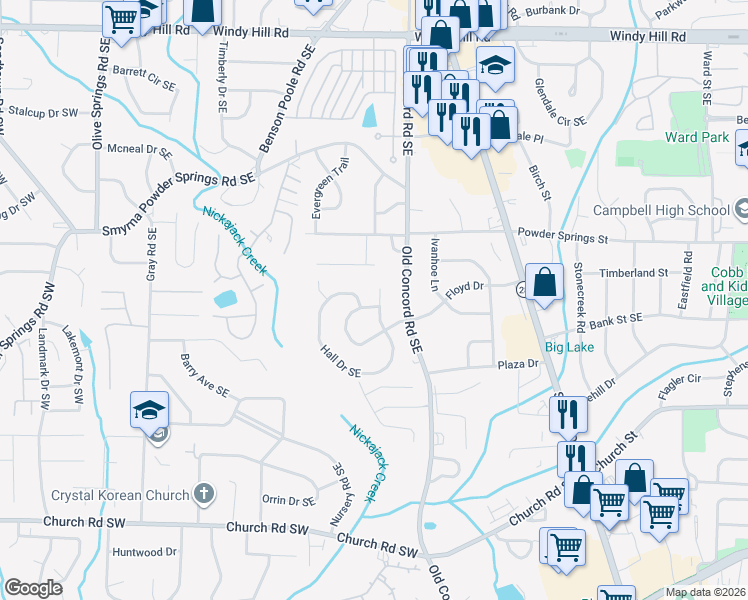 map of restaurants, bars, coffee shops, grocery stores, and more near 2804 Hall Drive Southeast in Smyrna