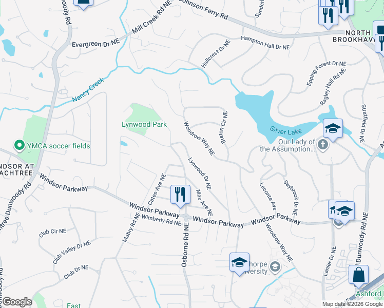map of restaurants, bars, coffee shops, grocery stores, and more near 3257 Lynwood Drive Northeast in Atlanta
