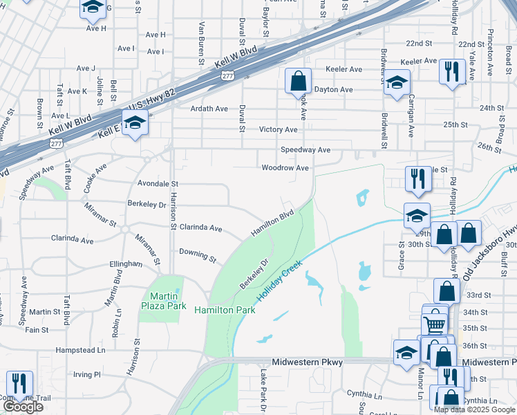 map of restaurants, bars, coffee shops, grocery stores, and more near 2710 Hamilton Boulevard in Wichita Falls