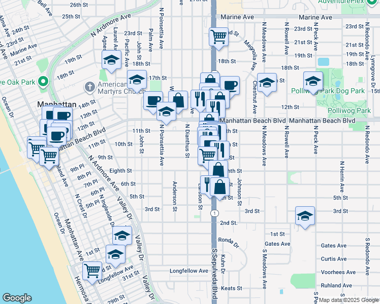 map of restaurants, bars, coffee shops, grocery stores, and more near 912 North Dianthus Street in Manhattan Beach