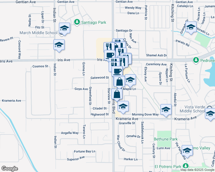map of restaurants, bars, coffee shops, grocery stores, and more near 16220 Starview Street in Moreno Valley