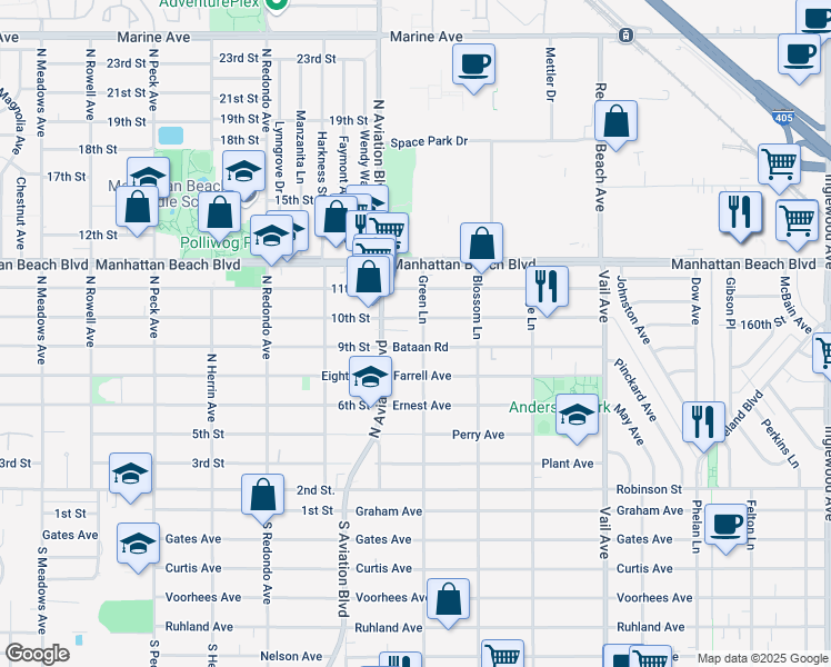 map of restaurants, bars, coffee shops, grocery stores, and more near 3302 Green Lane in Redondo Beach