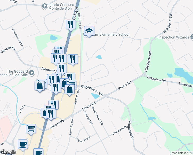 map of restaurants, bars, coffee shops, grocery stores, and more near 1690 Woodberry Run Drive in Snellville